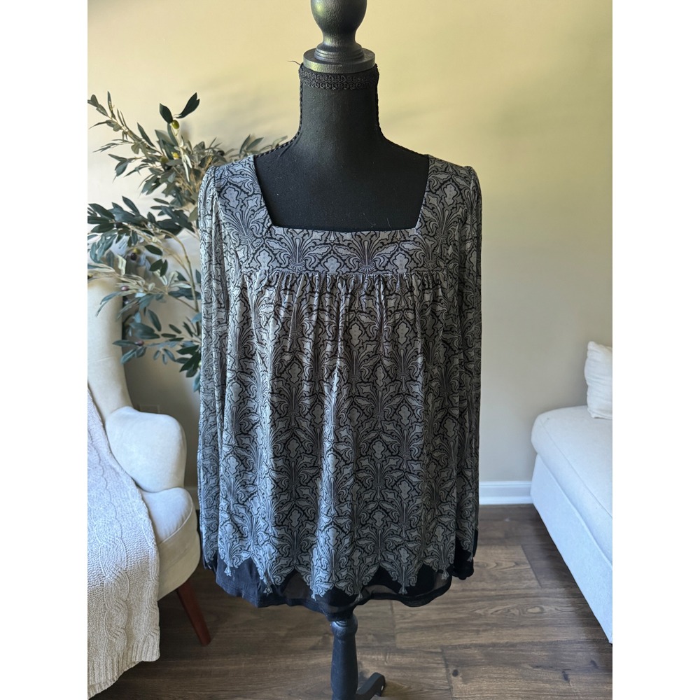 Apt. 9 Womens 2X Blouse Gray Black Damask Print Square Neck Long Sleeve Top